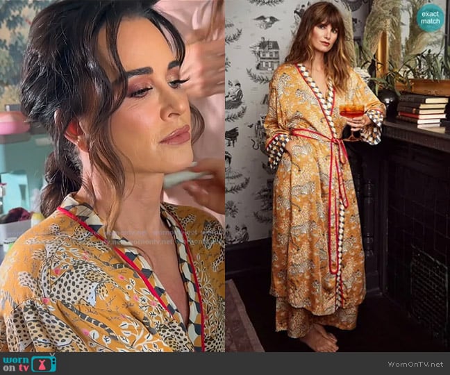 Print Fresh Satin Robe in Bagheera Tobacco worn by Kyle Richards on The Real Housewives of Beverly Hills
