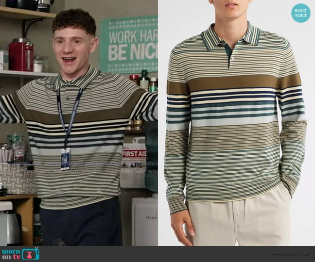 PS by Paul Smith Stripe Long Sleeve Merino Wool Polo worn by Jacob Hill (Chris Perfetti) on Abbott Elementary