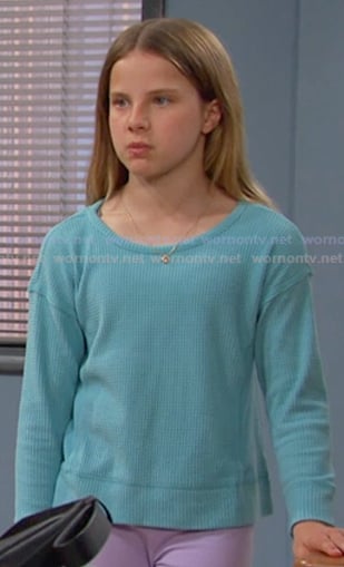 Rachel’s blue waffle long sleeve ttop on Days of our Lives