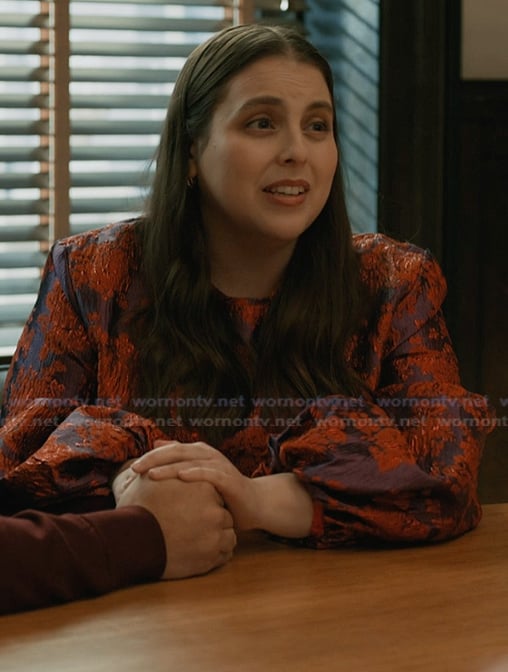 Rachel's purple floral metallic dress on Elsbeth