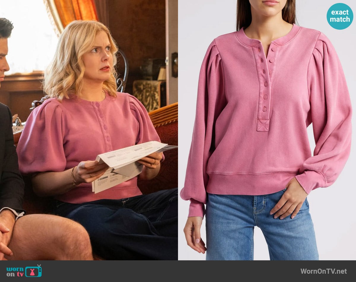 Rails Mariana Balloon Sleeve Sweatshirt in Hibiscus worn by Sam (Rose McIver) on Ghosts