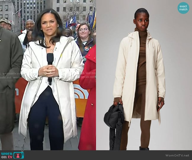 Rains Lohja Long Insulated Curve Jacket in Dune worn by Laura Jarrett on Today