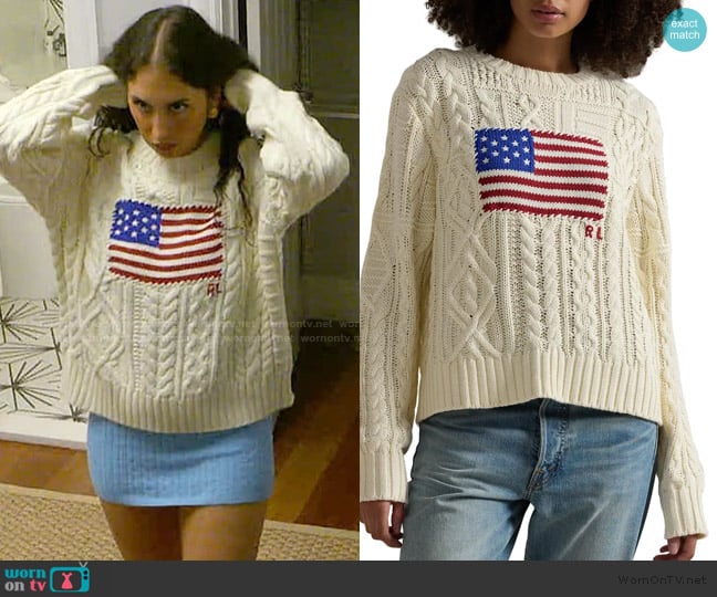 Ralph Lauren Aran Stitch American Flag Cotton Crewneck Sweater worn by Dara Levitan on Summer House