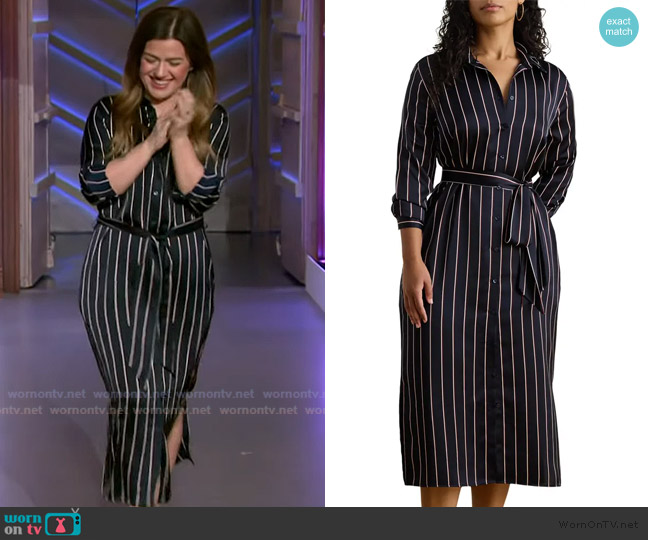 Ralph Lauren Stripe Long Sleeve Satin Charmeuse Shirtdress worn by Kelly Clarkson on The Kelly Clarkson Show