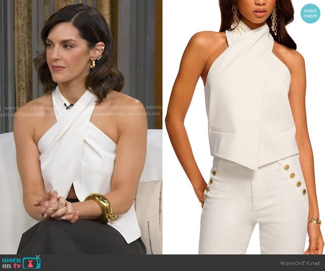 Kelli Barrett’s white criss cross halter top on GMA Kelli Barrett’s white criss cross halter top on GMA