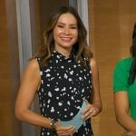 Rebecca’s black printed sleeveless midi dress on Good Morning America