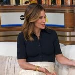 Rebecca’s navy short sleeve shirt and floral leather skirt on Good Morning America