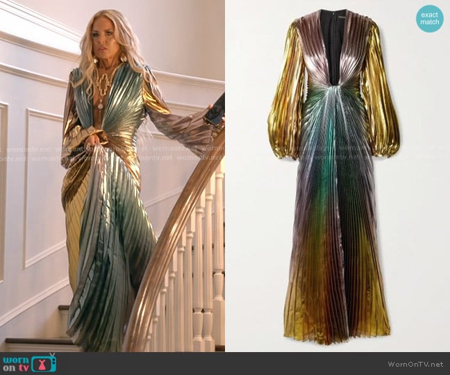 Reem Acra Metallic Pleated Silk-blend Lamé Gown worn by Rachel Zoe on The Real Housewives of Beverly Hills