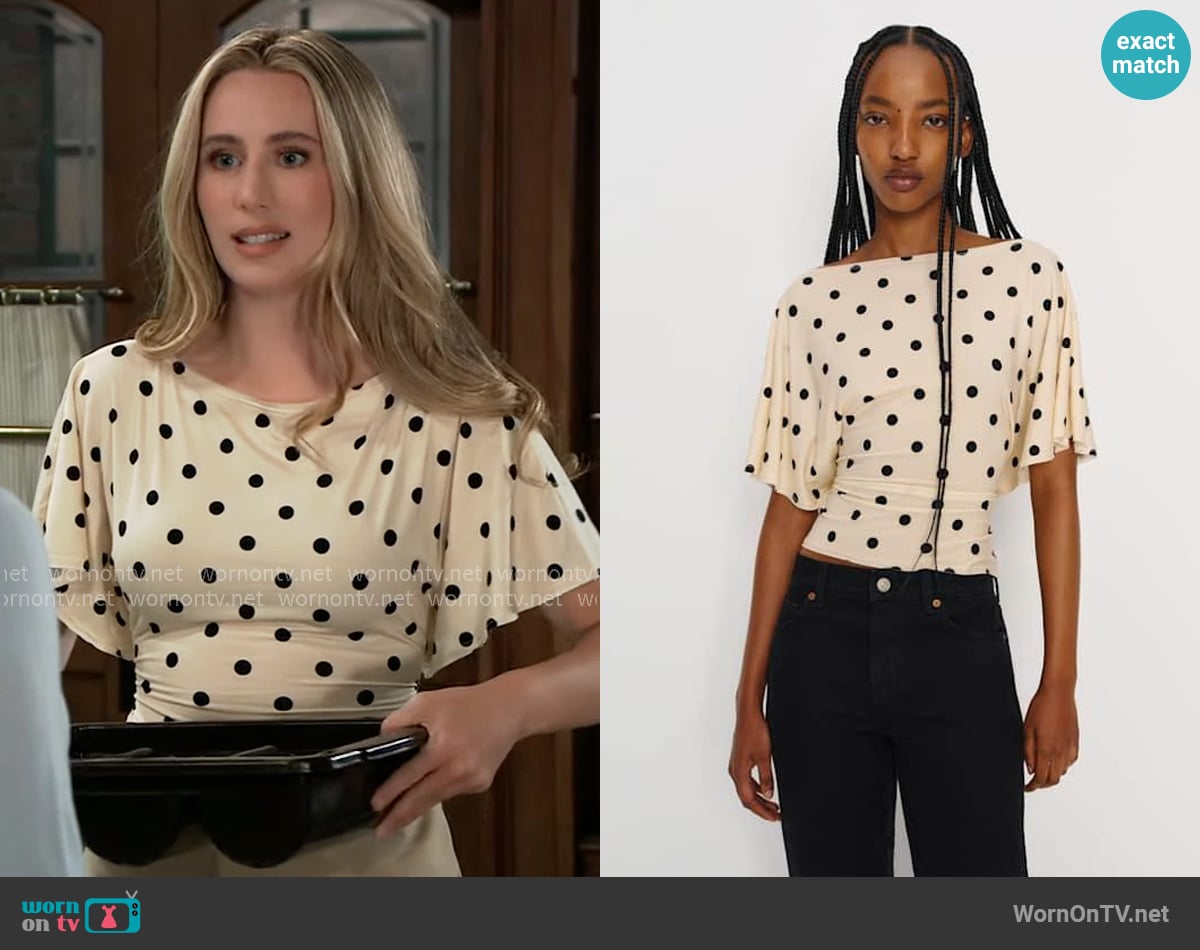 Reformation Avery Knit Top in Sundae Dot worn by Josslyn Jacks (Eden McCoy) on General Hospital