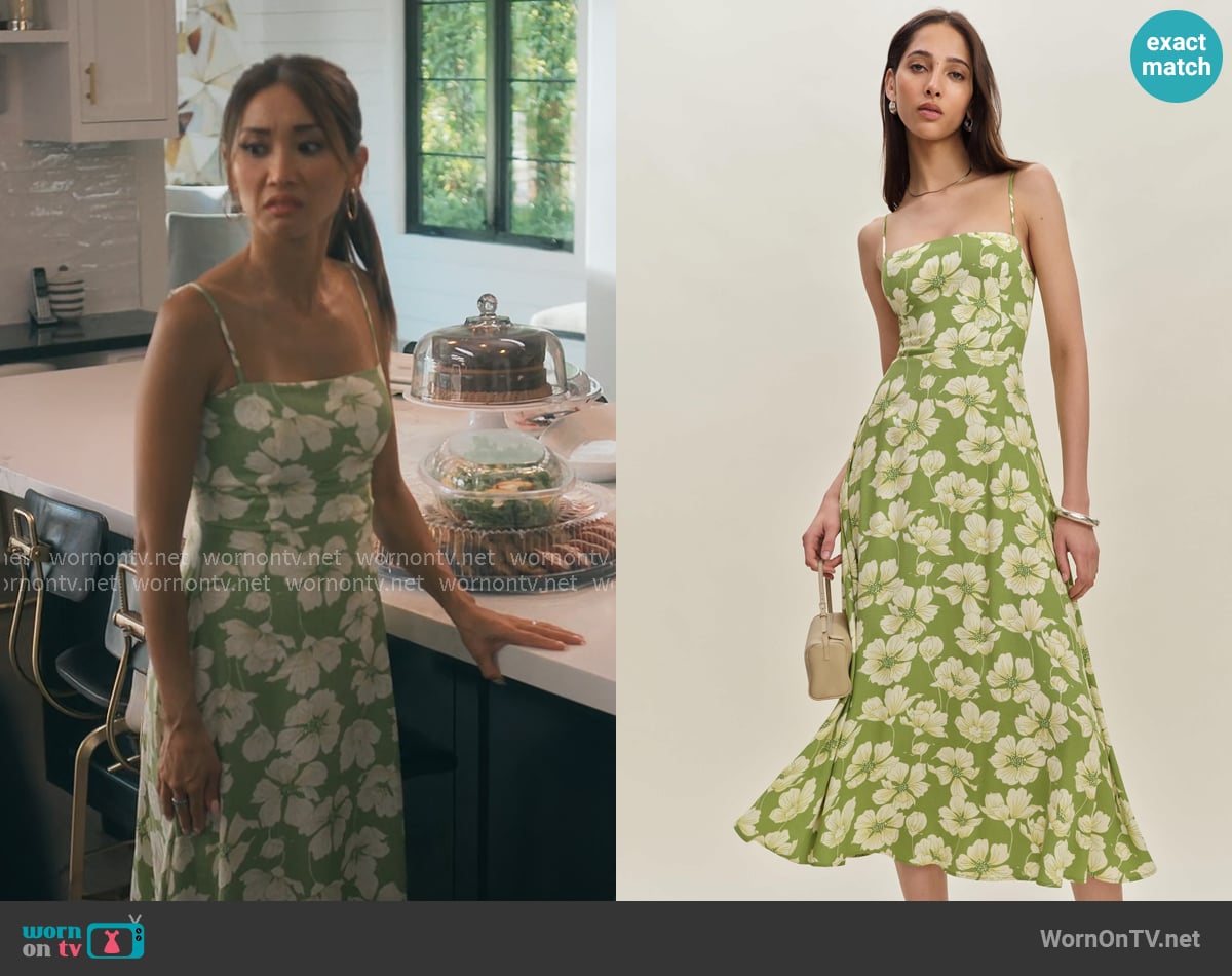 Reformation Monette Dress in Lovebird worn by Ali Lee (Brenda Song) on Running Point