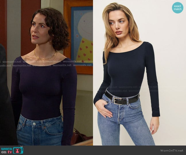 Reformation Serene Knit Bodysuit in Midnight worn by Sarah Horton (Linsey Godfrey) on Days of our Lives