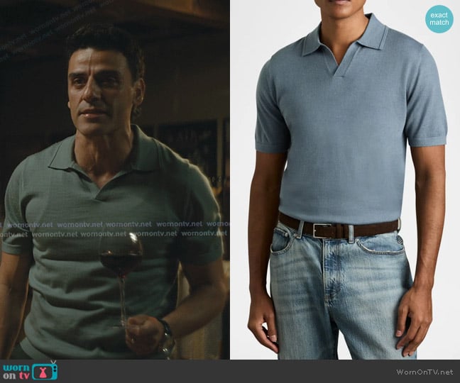 Reiss Duchie Merino Wool Open Collar Polo Shirt in Airforce blue worn by Joshua Martín (Oscar Isaac) on Beef
