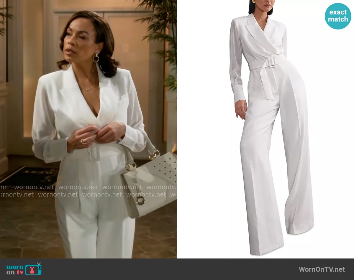 Reiss Flora Sheer-Sleeve Wide-Leg Tuxedo Jumpsuit in Ivory worn by Nicole Dupree Richardson (Daphnee Duplaix) on Beyond the Gates