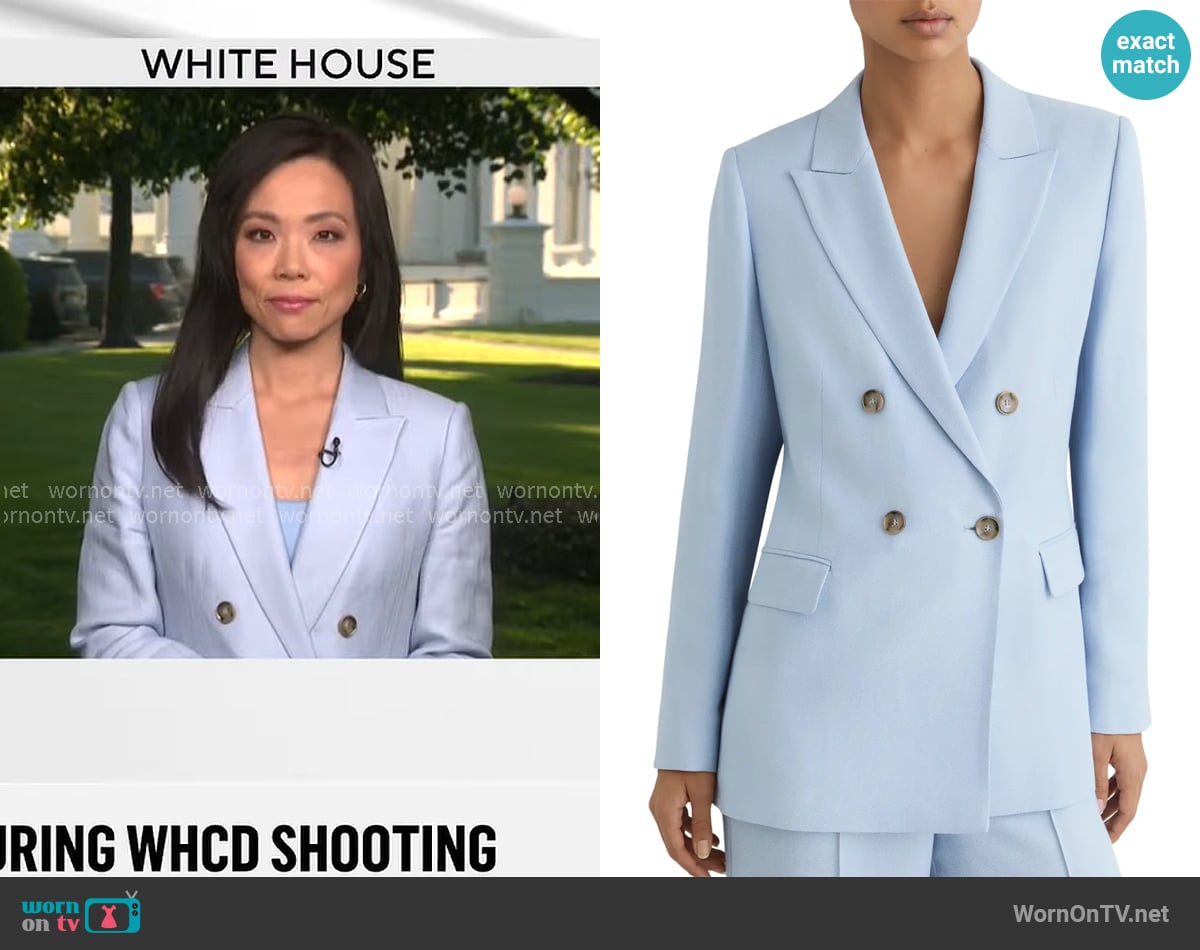Reiss Magda Double Breasted Blazer in Blue worn by Weijia Jiang on CBS Mornings
