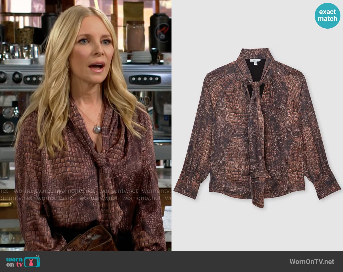Reiss Naomi Crocodile-Print Tie-Neck Blouse worn by Christine Blair Williams (Lauralee Bell) on The Young and the Restless