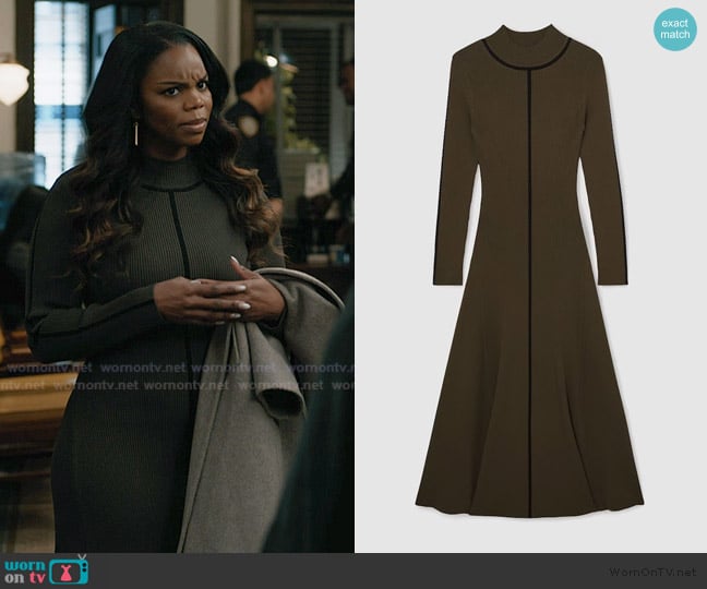 Reiss Polly Contrast Stitch Knitted Midi Dress in Khaki Green worn by Julia Payne Wagner (Brittany Inge) on Elsbeth