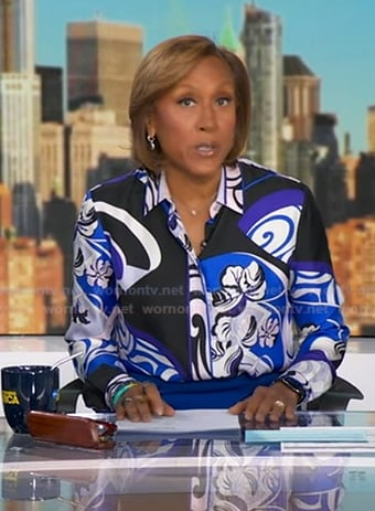Robin’s blue print blouse and wrap skirt on Good Morning America