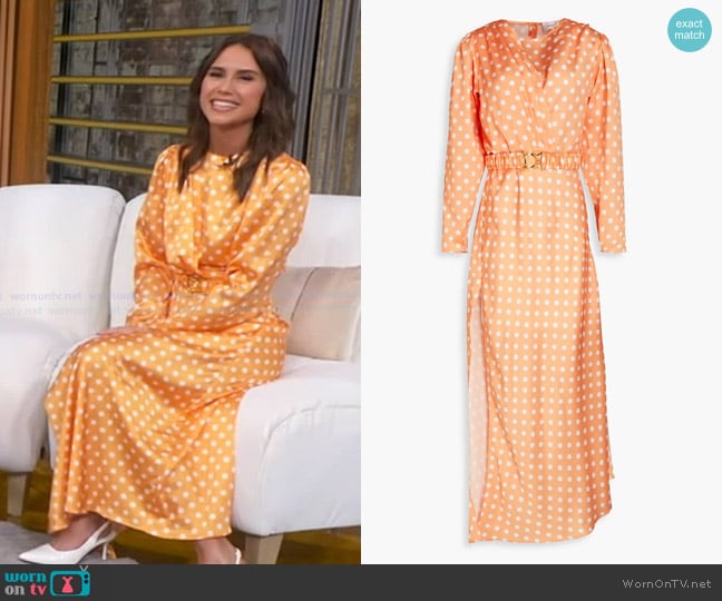 Ronny Kobo Carmen Pleated Polka-dot Satin Maxi Dress worn by Sophie Flay on Good Morning America