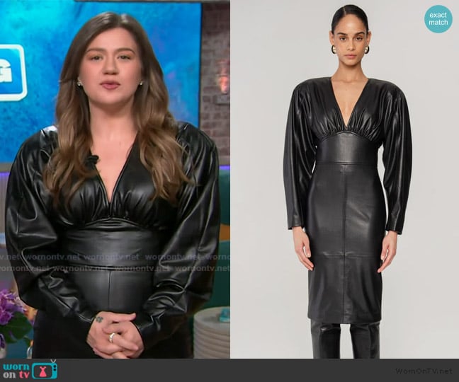 Ronny Kobo Cindie Faux-Leather Knee-Length Dress worn by Kelly Clarkson on The Kelly Clarkson Show