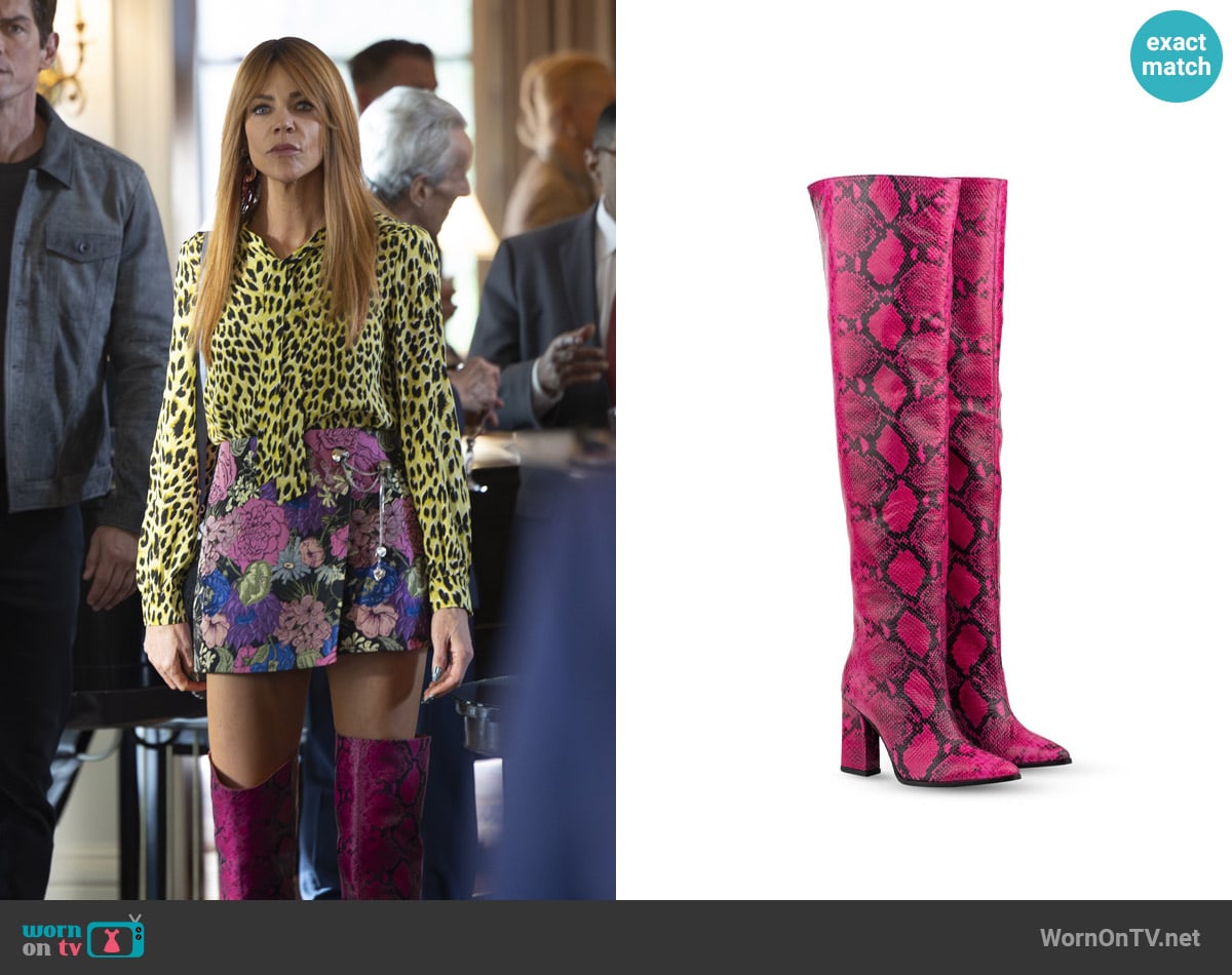 Rosamund Muir London Roma Pink & Black Snake Print Over Knee Boots worn by Morgan Gillory (Kaitlin Olson) on High Potential