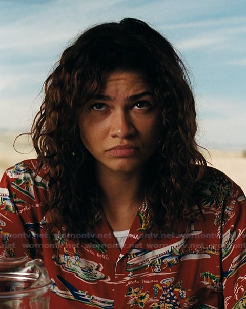 Rue’s red Hawaiian print shirt on Euphoria