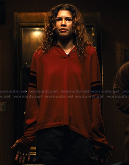 Rue’s red sleeve stripe polo shirt on Euphoria