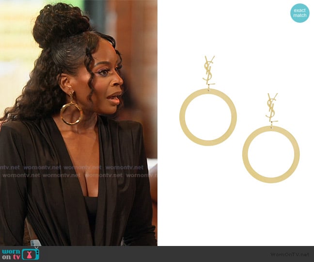 Saint Laurent Cassandre Pendant Hoop Earrings in Metal worn by Porsha Williams on The Real Housewives of Atlanta