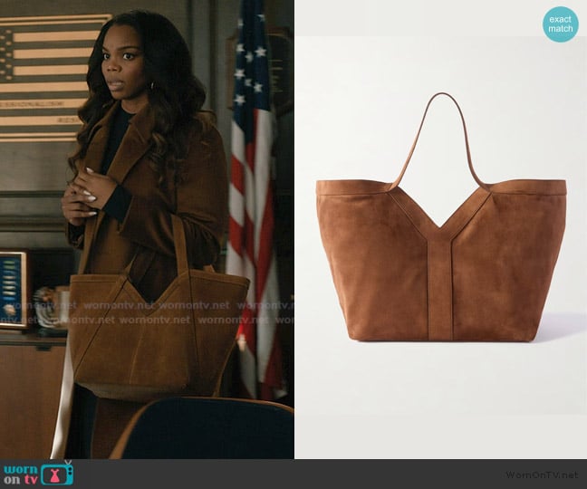 Saint Laurent Y suede tote worn by Julia Payne Wagner (Brittany Inge) on Elsbeth