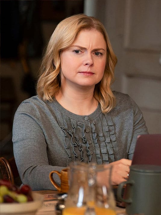 Sam’s grey ruffle front cardigan on Ghosts