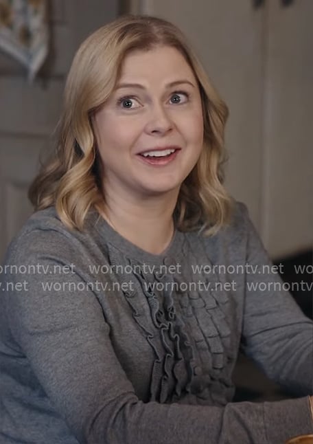 Sam's grey ruffle front cardigan on Ghosts