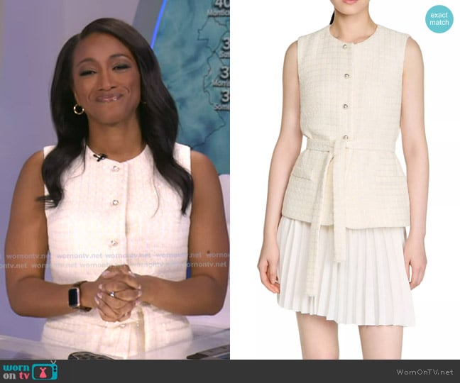 Brittany’s white sleeveless tweed dress on GMA