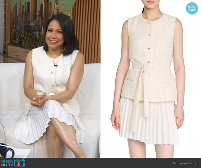 Sandro Bloom Mixed Media Short Dress in Ecru worn by Stephanie Ramos on Good Morning America