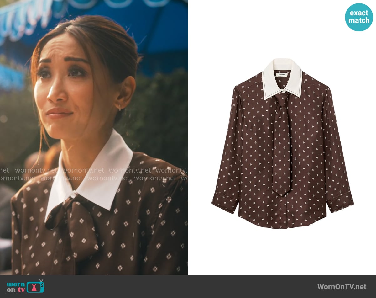 Sandro Flowy printed shirt with removable tie worn by Ali Lee (Brenda Song) on Running Point