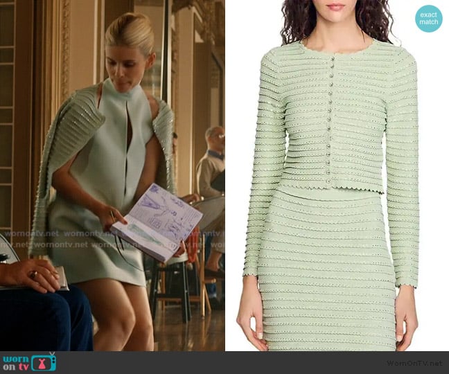 Sandro Rhinestone embellished cardigan in almond green worn by Nancy (Kate Mara) on Imperfect Women