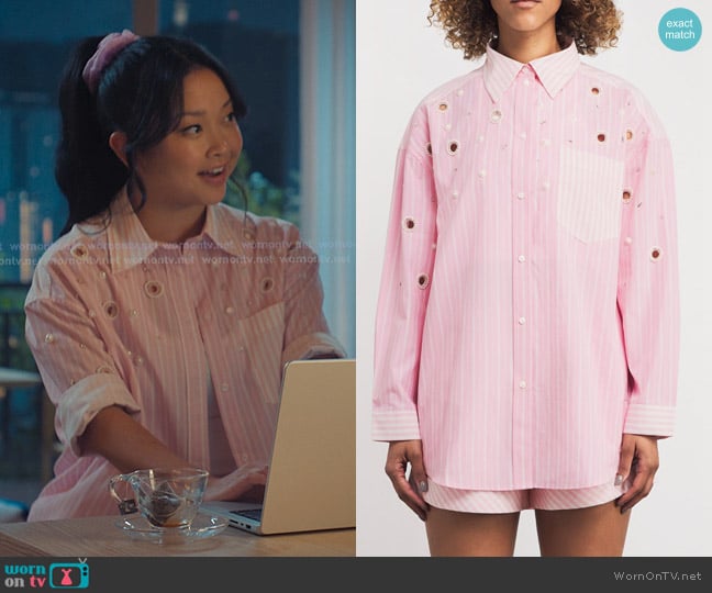 Sandro Striped Rhinestone Shirt in pink worn by Lara Jean Covey (Lana Condor) on XO Kitty