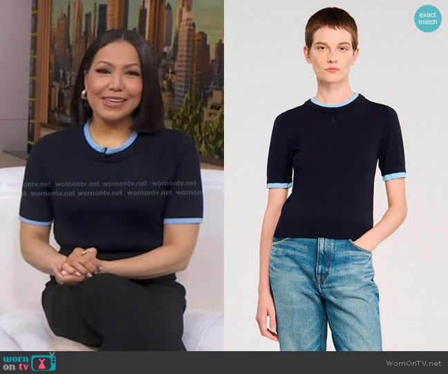 Stephanie’s navy short sleeve sweater on GMA