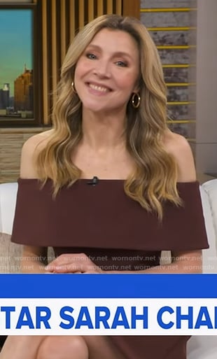 Sarah Chalke’s brown off-shoulder mini dress on Good Morning America