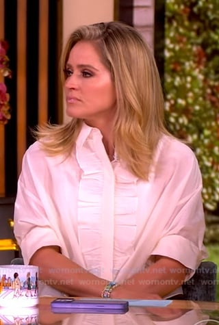 Sara's white elbow-sleeve ruffle top on The View