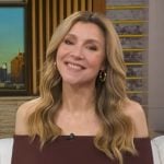 Sarah Chalke’s brown off-shoulder mini dress on Good Morning America