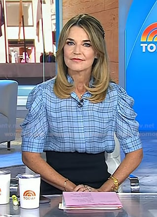 Savannah’s blue plaid puff sleeve top on Today