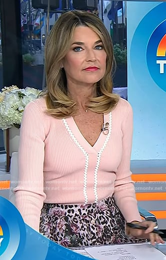 Savannah’s pink ribbed v-neck sweater and floral leopard skirt on Today