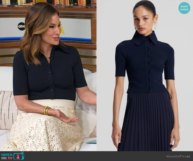 Scanlan Theodore Crepe Knit Crop Shirt in Navy worn by Rebecca Jarvis on Good Morning America