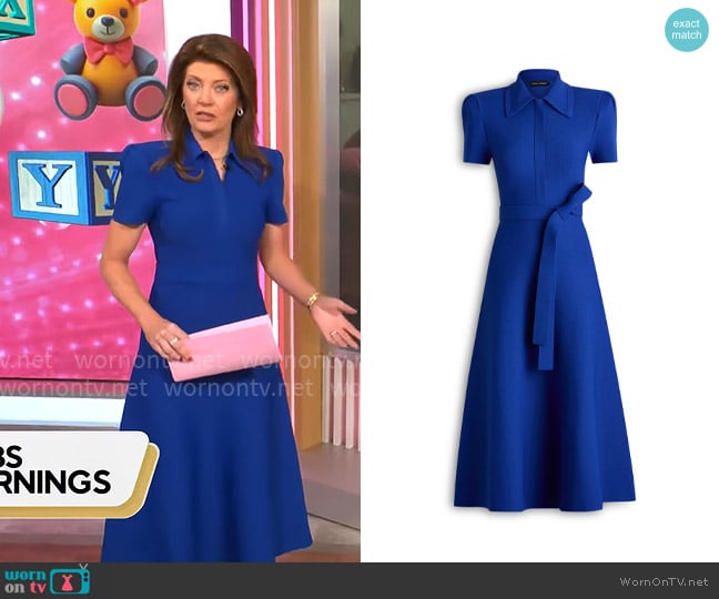 Scanlan Theodore Crepe Knit Gather Sleeve Collar Dress worn by Norah O'Donnell on CBS Mornings