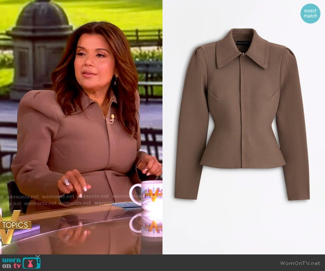 Scanlan Theodore Crepe Knit Peplum Collar Jacket in Whiskey worn by Ana Navarro on The View