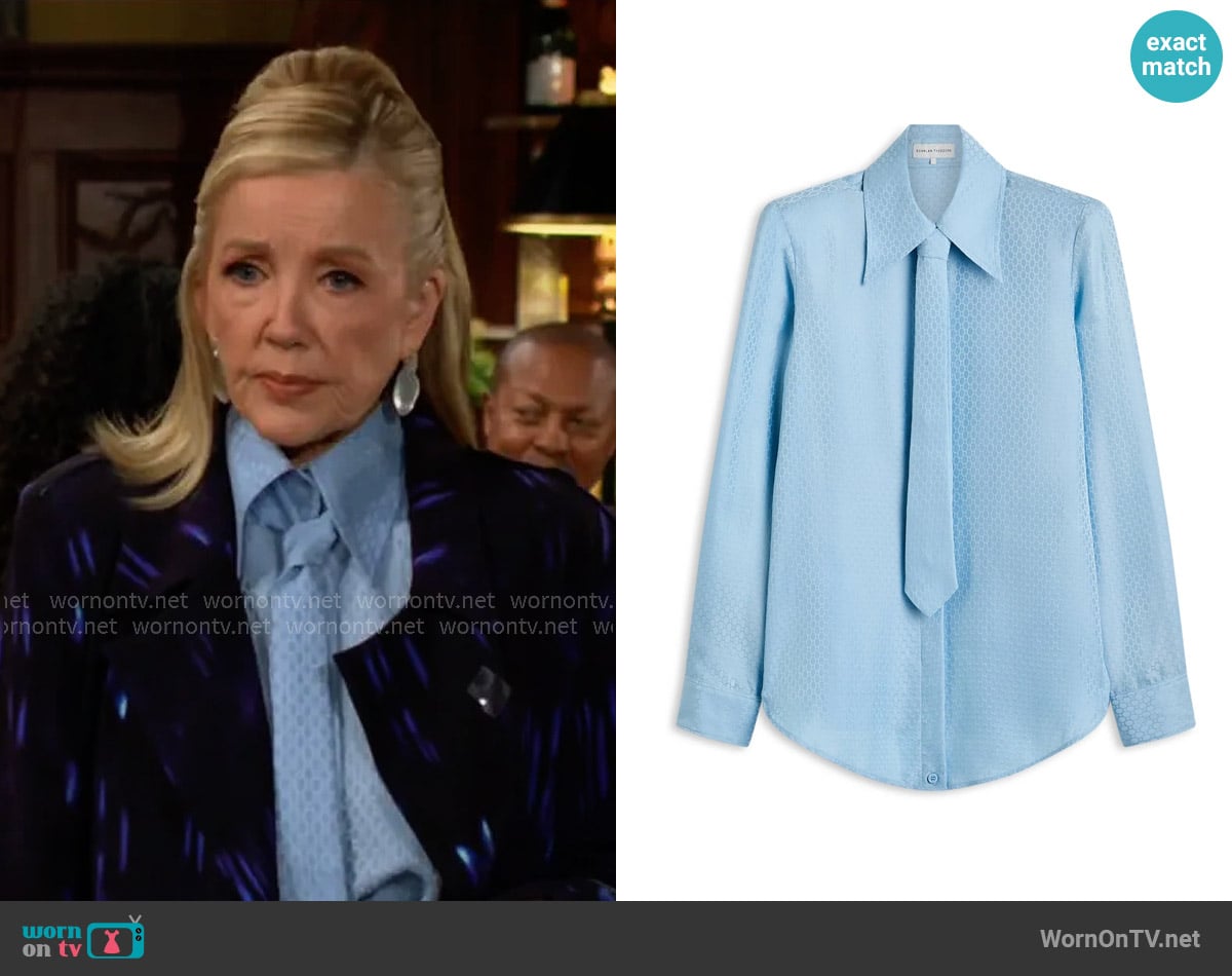 Scanlan Theodore Silk Chain Jacquard Tie Shirt in Pale Blue worn by Nikki Reed Newman (Melody Thomas-Scott) on The Young and the Restless