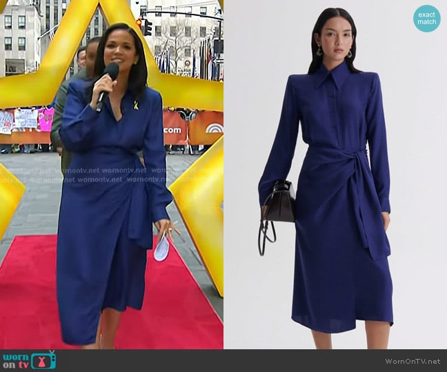 Scanlan Theodore Silk Jacquard Wrap Dress in Ocean worn by Laura Jarrett on Today