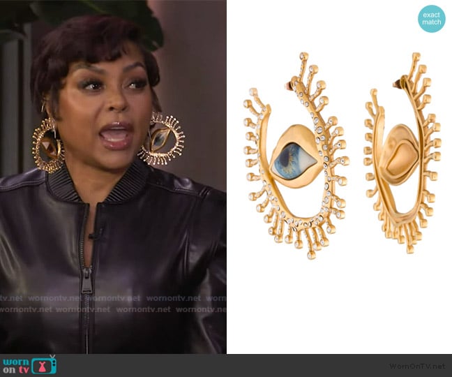 Schiaparelli Crystal and Glass Eyes Hoop Earrings worn by Taraji P. Henson on Live with Kelly and Mark