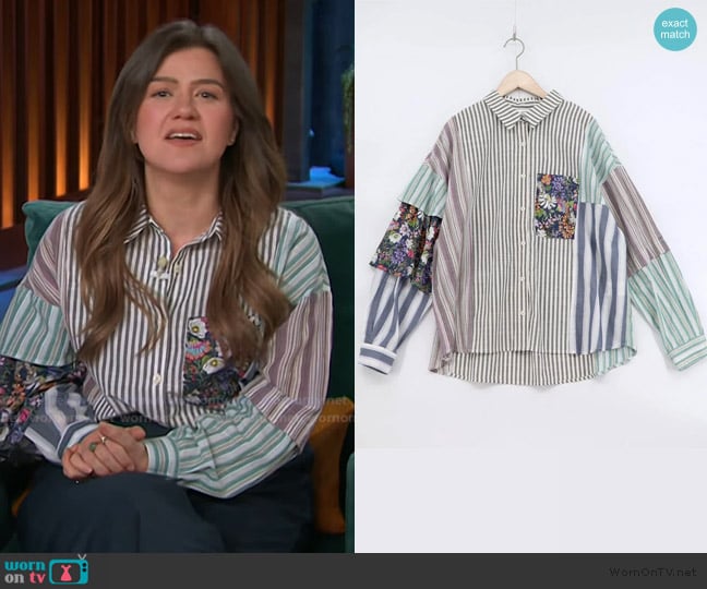 Scolar Stripe and Check Print Blouse worn by Kelly Clarkson on The Kelly Clarkson Show