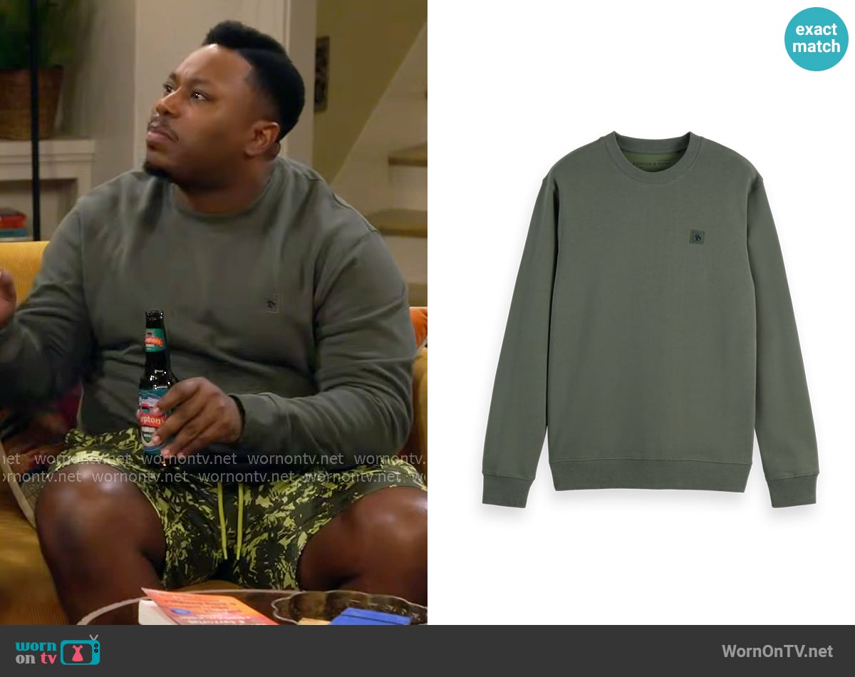 Scotch & Soda Regular-Fit Logo Sweatshirt in Thyme worn by Marty (Marcel Spears) on The Neighborhood