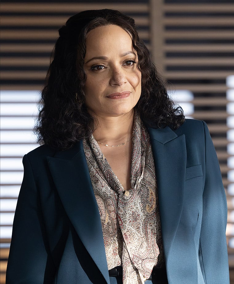 Selena's paisley print tie-neck blouse on High Potential